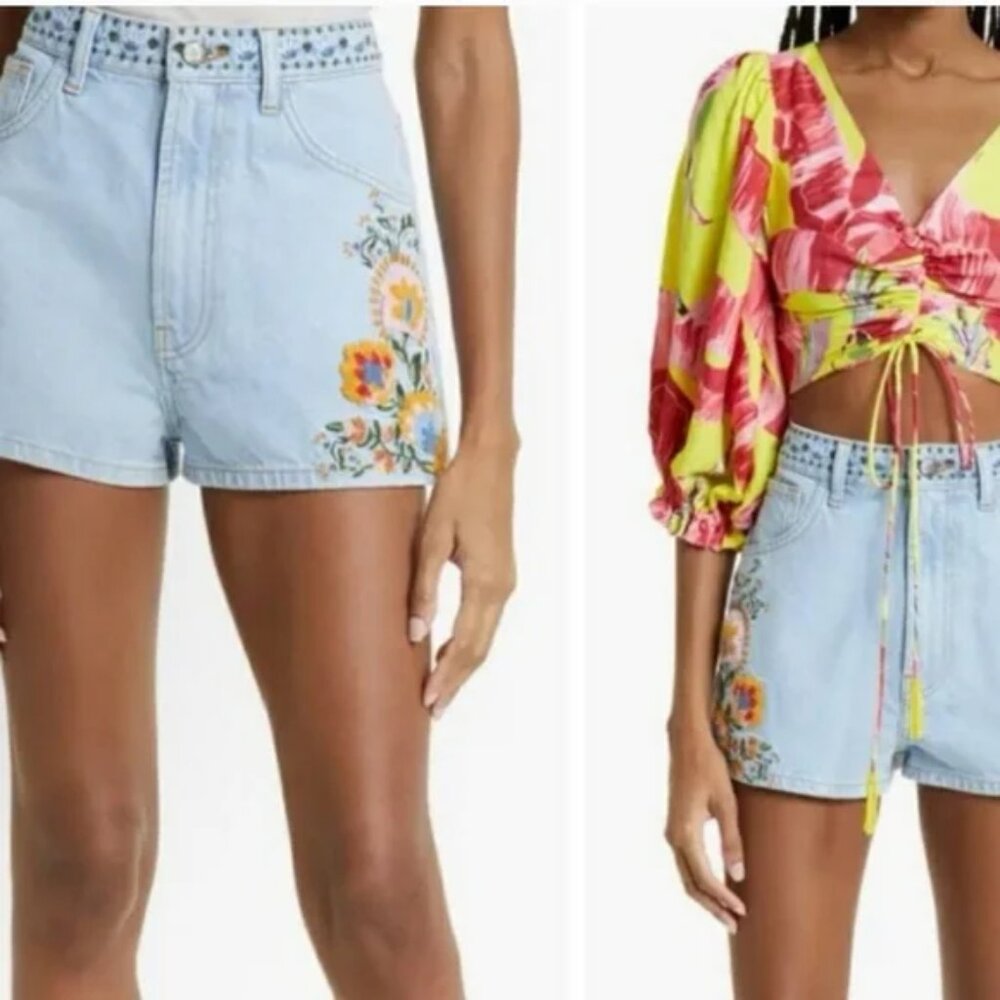 Farm Rio Summer Garden Embroidered Denim Shorts High-Waist Light Wash Size 32 - Picture 6 of 9